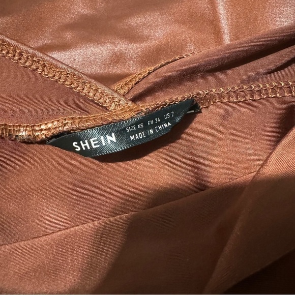 SHEIN Rust Brown Asymmetrical Hem Open Back PU leather Bodycon Party Dress Sz XS - Picture 11 of 15